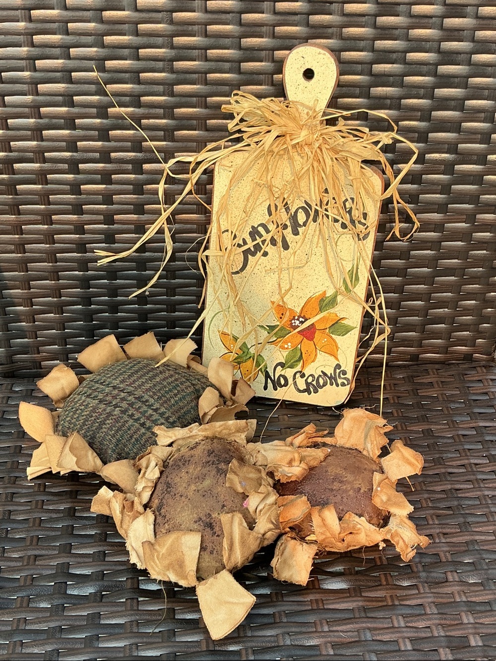 Handcrafted Wooden Rustic Sunflower Décor with Three Handmade Fabric Sunflowers